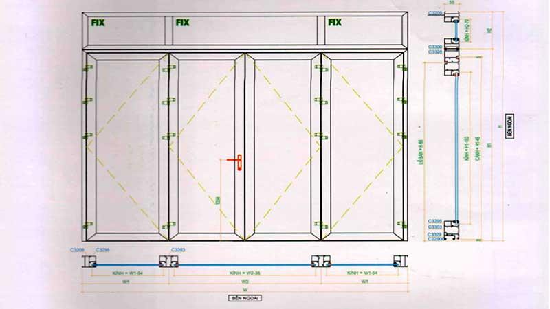 Kích thước cửa đi nhôm Xingfa 4 cánh